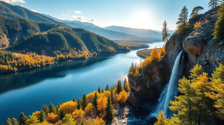 Beautiful autumn landscape with a waterfall on the mountain lake. Colorful autumn trees on the bank...