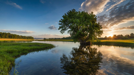 Sunset over the river in summer. Panoramic view.の写真素材