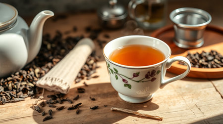 Cup of black tea on wooden table with coffee beans and teapotの写真素材