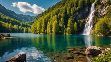 Waterfall in the mountains. Beautiful summer landscape with a waterfall.の写真素材