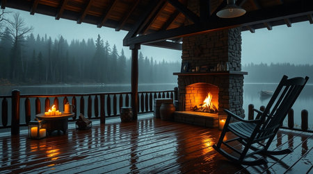 Wooden deck with fireplace on a foggy morning. 3d renderingの写真素材