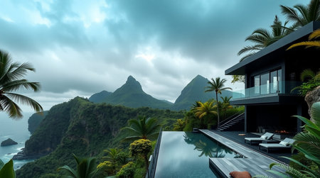 Luxury villa with swimming pool overlooking the sea and mountains.の写真素材