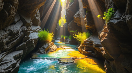 Beautiful landscape of the canyon in the morning light. Mountain river.の写真素材