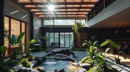 3d rendering of the interior of a modern villa with a gardenの写真素材