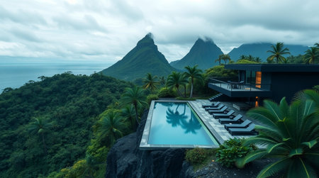 Swimming pool with view of the volcano on the island of Mauritiusの写真素材