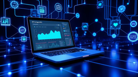 Laptop with glowing graphs and charts on blue background 3D rendering