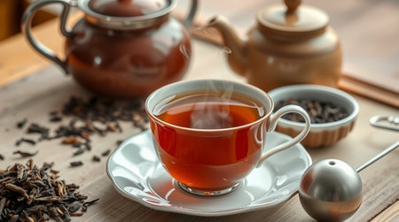 Cup of tea and teapot on wooden table, closeupの写真素材