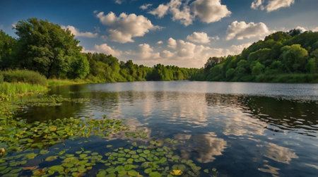 Lake in the forest with reflection of clouds in the water. Summer landscape.の写真素材