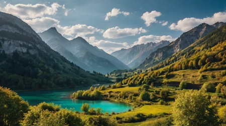 Idyllic alpine landscape with turquoise lake and mountainsの写真素材