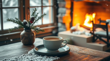 Cup of coffee on a wooden table in front of the fireplaceの写真素材