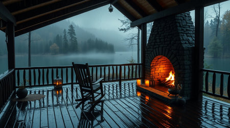 Wooden terrace with fireplace on the background of foggy mountainsの写真素材