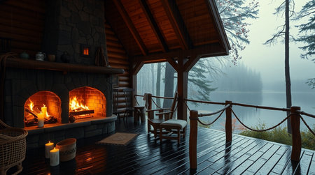 3d rendering of a cozy chalet in a foggy forestの写真素材