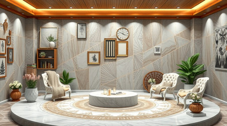 3D rendering of a luxury hotel lobby with sofas and armchairsの写真素材