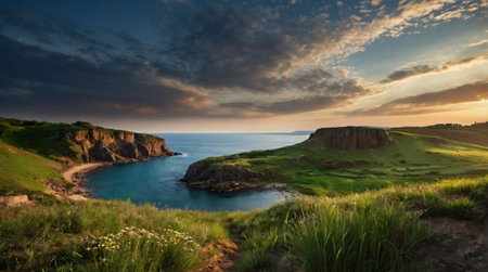Panoramic view of the sea and cliffs on the coast of Cornwallの写真素材