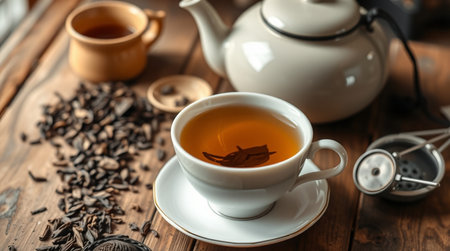 Cup of tea with teapot on wooden table, closeupの写真素材
