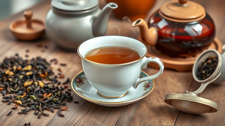 Cup of tea and teapot on wooden table, closeupの写真素材