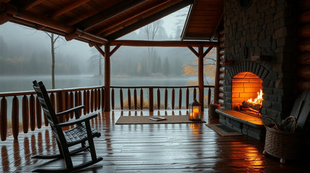 Wooden chalet with fireplace and rocking chair in the morning fogの写真素材