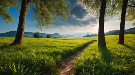 Beautiful summer landscape with green meadow and blue sky with clouds