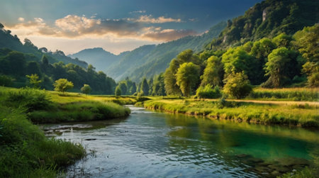 Panorama of a mountain river in the Carpathians, Ukraine