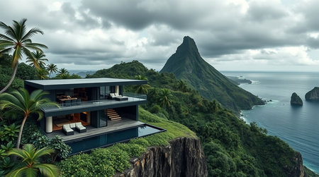3d rendering of modern cozy house with pool and parking for sale or rent. Beautiful tropical island...