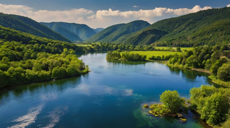 Aerial view of the river in the mountains. Beautiful summer landscape.の写真素材