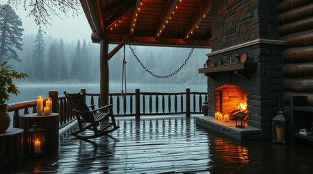 3D CG rendering of Wooden chalet with fire and fogの写真素材