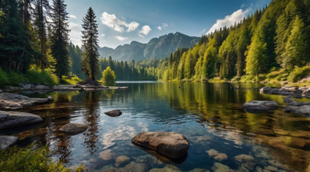 Mountain lake with clear water, surrounded by coniferous forest.
