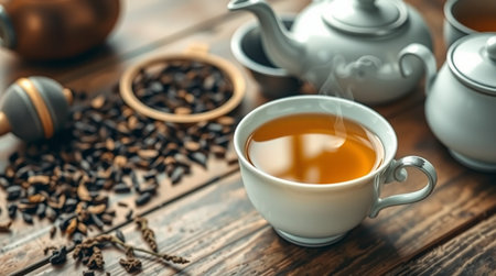 Cup of tea and teapot on wooden table, closeupの写真素材