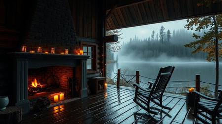 3d rendering of a log cabin in the middle of a lakeの写真素材