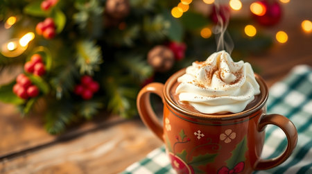 Cup of hot chocolate with whipped cream and christmas decoration on wooden backgroundの写真素材
