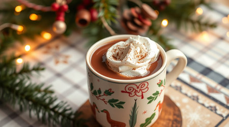 Hot chocolate with marshmallow in a cup on a Christmas background.