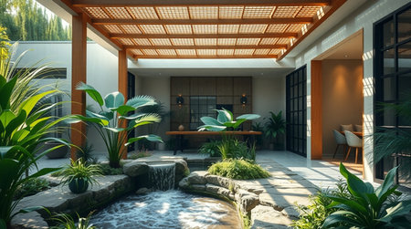 Interior of modern villa with garden. 3D rendering.の写真素材