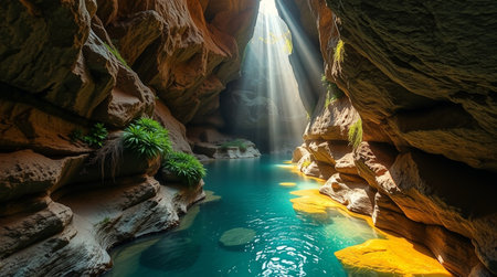 Fantasy landscape with green forest and river. 3d render illustrationの写真素材