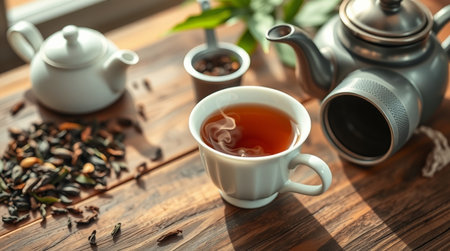 Cup of tea and teapot on wooden table, closeupの写真素材