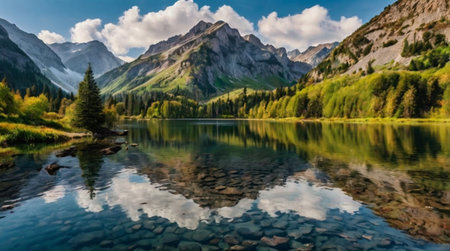 Panoramic view of Lake Braies in the Dolomites, Italyの写真素材