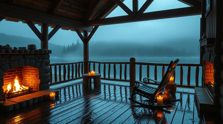 3D CG rendering of foggy chalet with fireplace.の写真素材