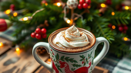 Hot chocolate with whipped cream and christmas decorations on wooden background.の写真素材