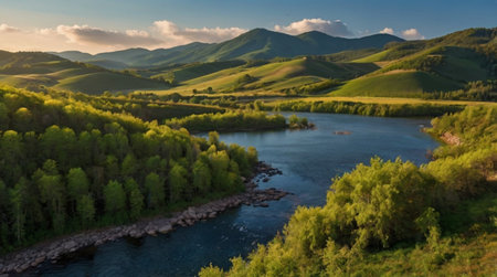Panoramic view of the mountain river. Summer landscape.の写真素材