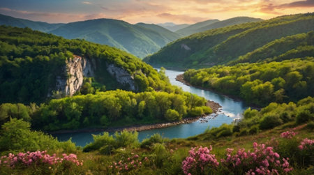 Landscape with the river in the mountains. Ukraine, Europe.の写真素材