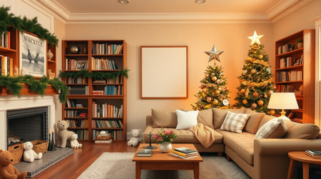 Living room interior with Christmas tree and decorations. 3D rendering.の写真素材