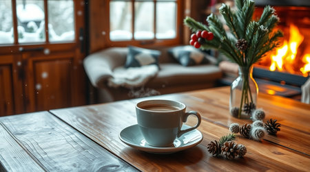 Cup of coffee on wooden table in front of fireplace at homeの写真素材
