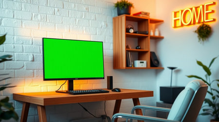 Computer with green screen on the desk in the room. 3d rendering.の写真素材