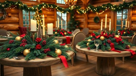 Christmas table setting with christmas tree and decorations. 3d renderingの写真素材