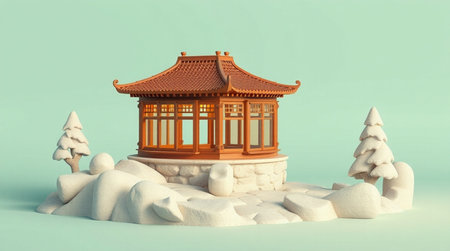 3d illustration of a Chinese style pavilion with pine trees and snowの写真素材