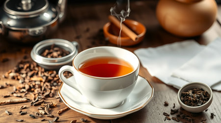 Cup of tea and teapot on wooden table, closeupの写真素材