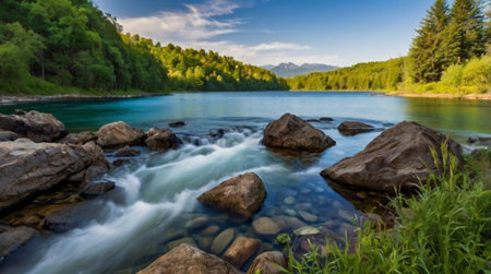 Beautiful landscape with mountain river and blue sky. Long exposure.の写真素材