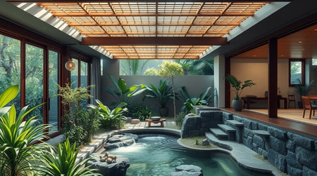 3d render of modern living room interior design with tropical garden.の写真素材