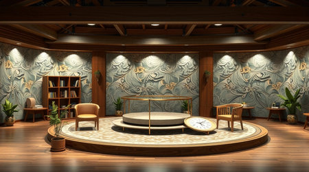 3D rendering of a living room with a round table and chair
