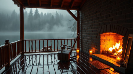 Wooden terrace with fire and fireplace in foggy morning.の写真素材