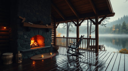 3D CG rendering of wood house with lake and fire. High resolution image.の写真素材